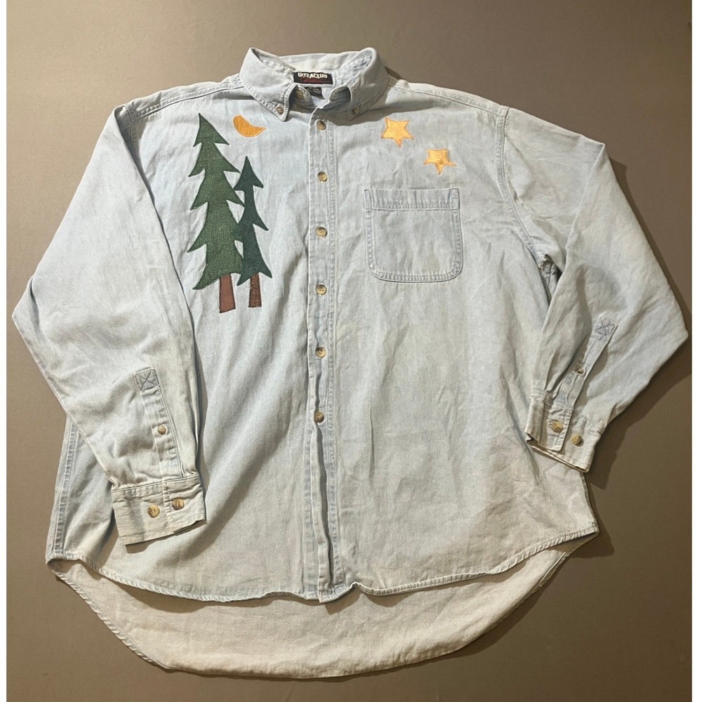 UltraClub Collection Denim Shirt Men's XL‎ Nature Bear Trees Moon Stars Applique